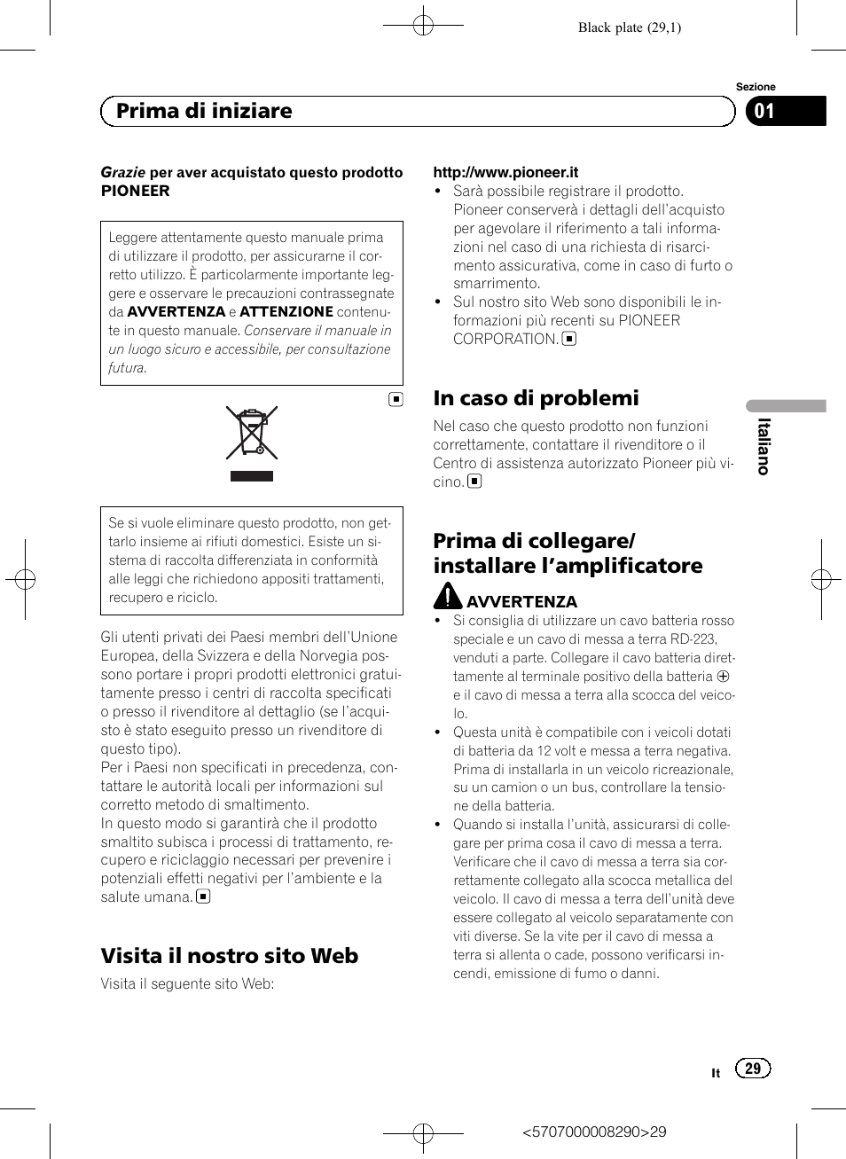 Manuale d’istruzioni, Visita il nostro sito web, Prima di collegare/ installare l ’amplificatore | 01 prima di iniziare | Pioneer GM-A6604 User Manual | Page 29 / 108