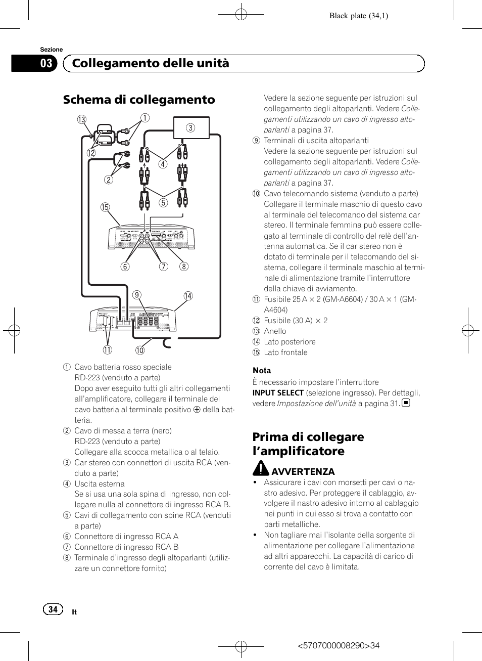 Schema di collegamento, Prima di collegare l ’amplificatore, 03 collegamento delle unità | Pioneer GM-A6604 User Manual | Page 34 / 108