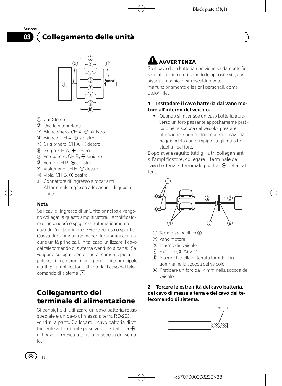 Collegamento del terminale di alimentazione, 03 collegamento delle unità | Pioneer GM-A6604 User Manual | Page 38 / 108
