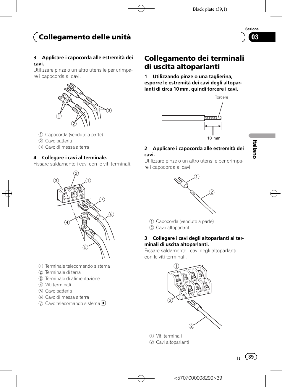 Collegamento dei terminali di uscita altoparlanti, 03 collegamento delle unità | Pioneer GM-A6604 User Manual | Page 39 / 108