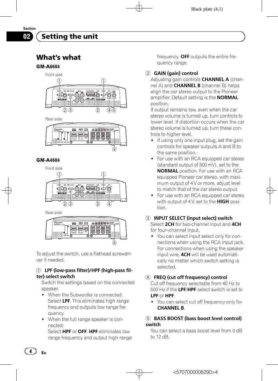 What ’s what, 02 setting the unit | Pioneer GM-A6604 User Manual | Page 4 / 108
