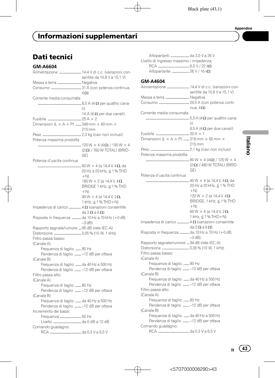 Dati tecnici, Informazioni supplementari, Italiano | Pioneer GM-A6604 User Manual | Page 43 / 108