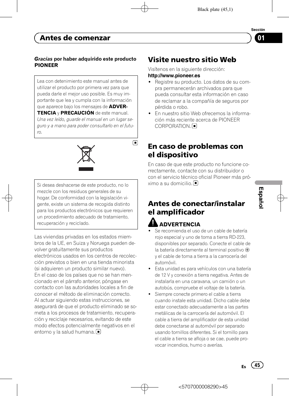 Manual de instrucciones, Visite nuestro sitio web, En caso de problemas con el dispositivo | Antes de conectar/instalar el amplificador, 01 antes de comenzar | Pioneer GM-A6604 User Manual | Page 45 / 108