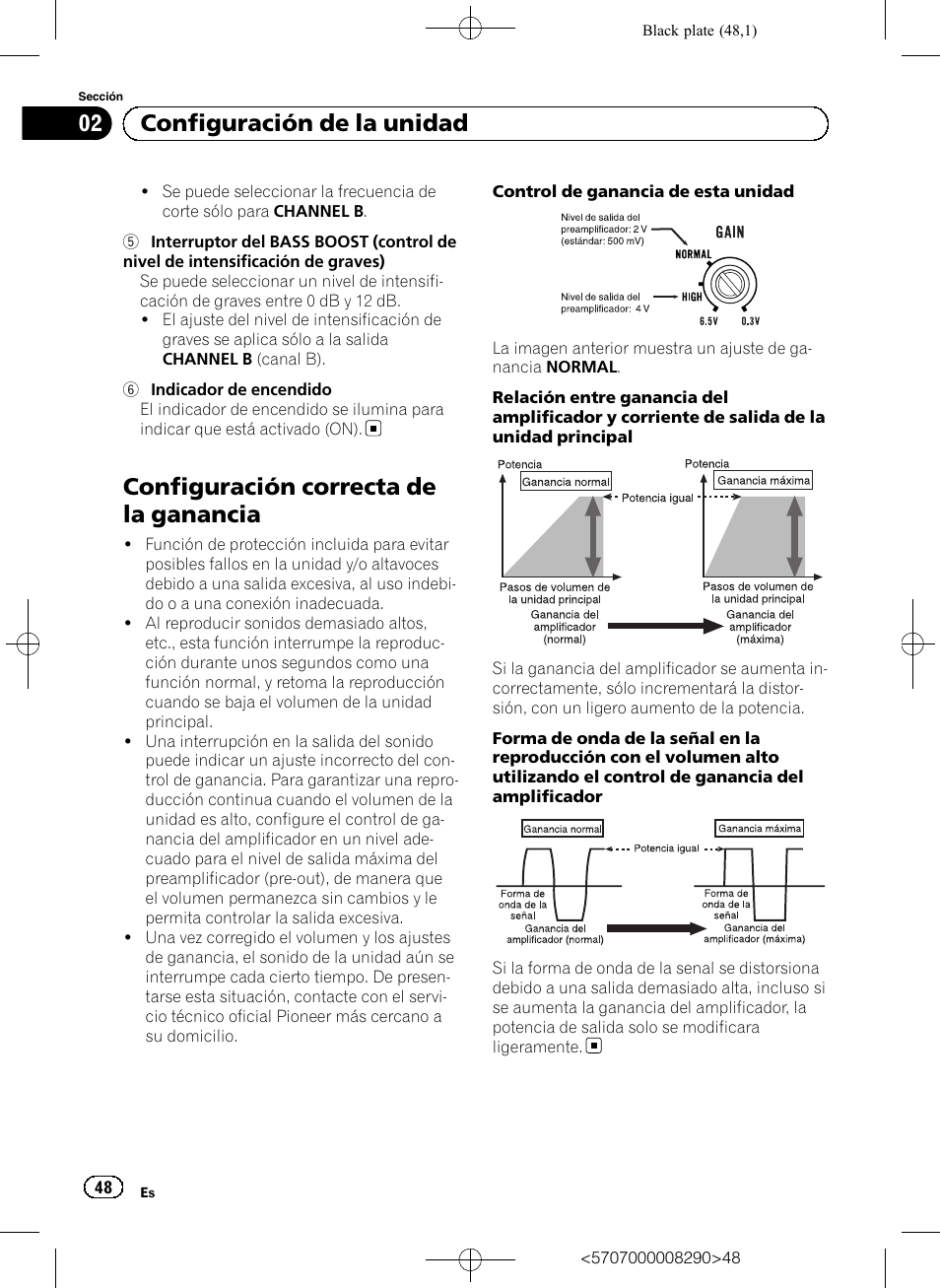 Configuración correcta de la ganancia, 02 configuración de la unidad | Pioneer GM-A6604 User Manual | Page 48 / 108