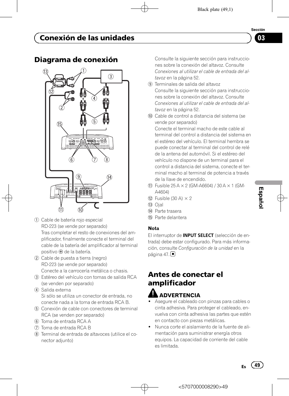 Diagrama de conexión, Antes de conectar el amplificador, 03 conexión de las unidades | Pioneer GM-A6604 User Manual | Page 49 / 108