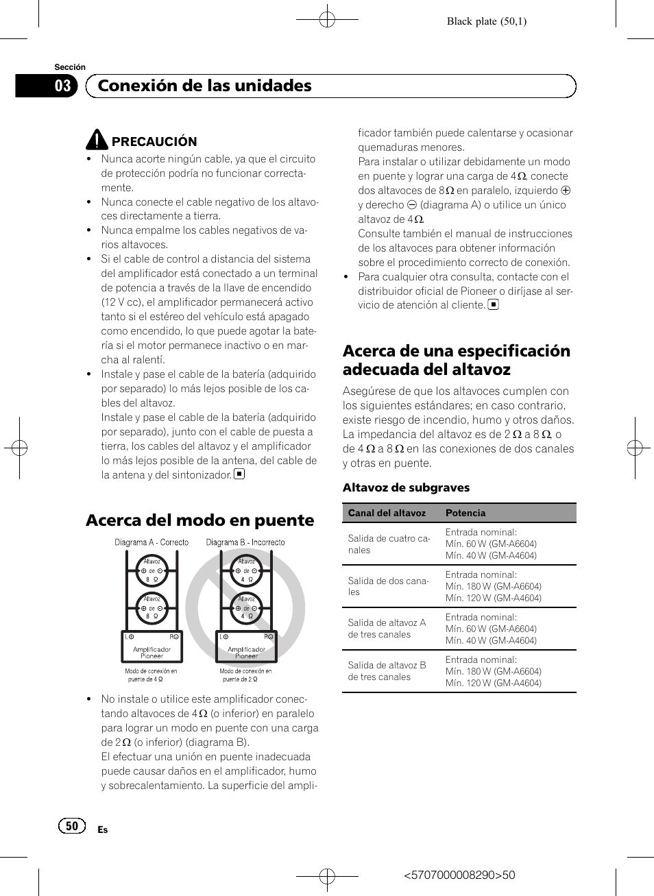 Acerca del modo en puente, Acerca de una especificación adecuada del altavoz, 03 conexión de las unidades | Pioneer GM-A6604 User Manual | Page 50 / 108
