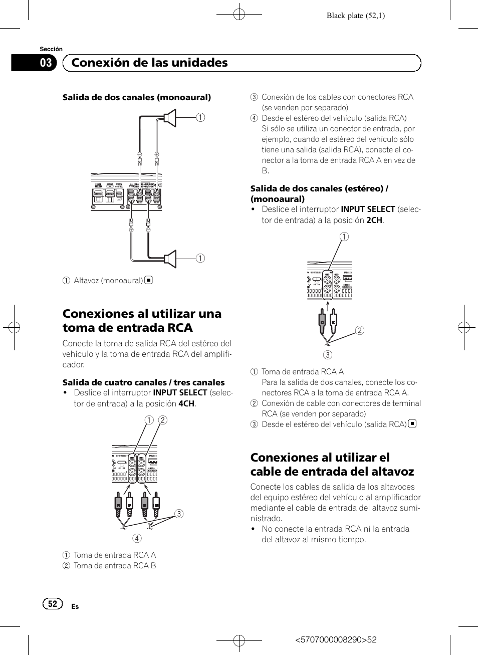 Conexiones al utilizar una toma de entrada rca, 03 conexión de las unidades | Pioneer GM-A6604 User Manual | Page 52 / 108