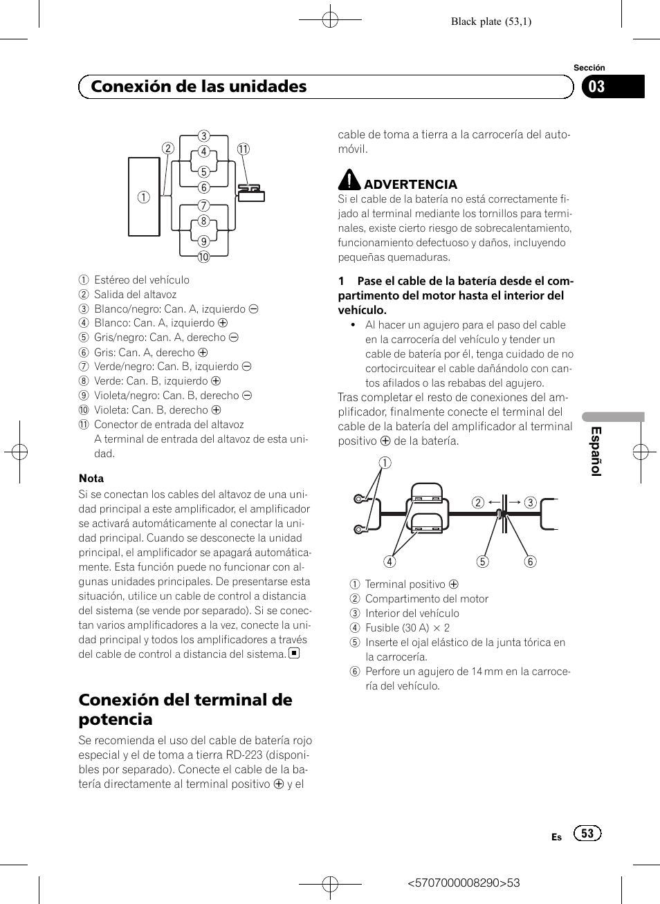 Conexión del terminal de potencia, 03 conexión de las unidades | Pioneer GM-A6604 User Manual | Page 53 / 108