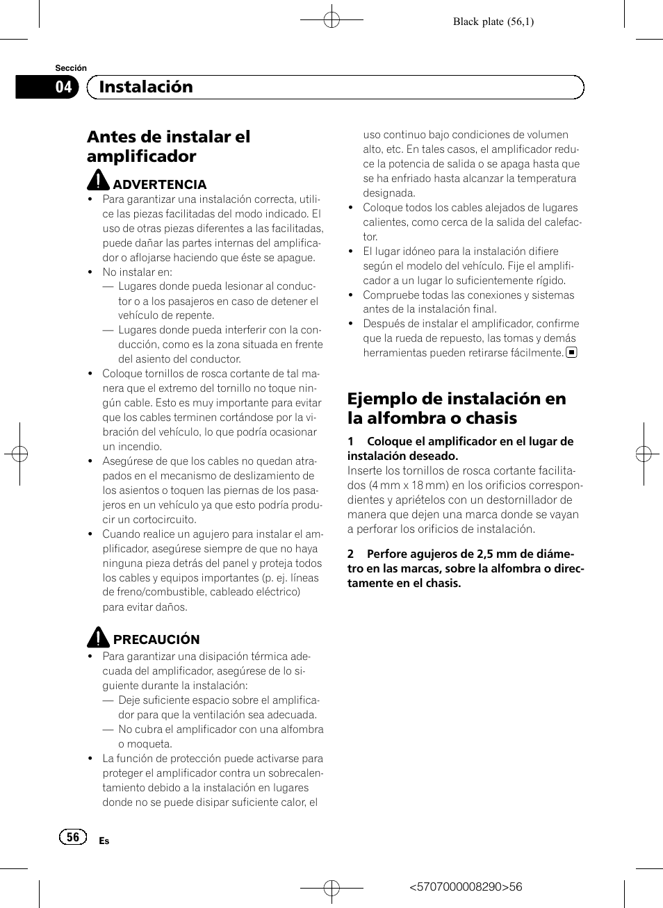 Antes de instalar el amplificador, Ejemplo de instalación en la alfombra o chasis, 04 instalación | Pioneer GM-A6604 User Manual | Page 56 / 108