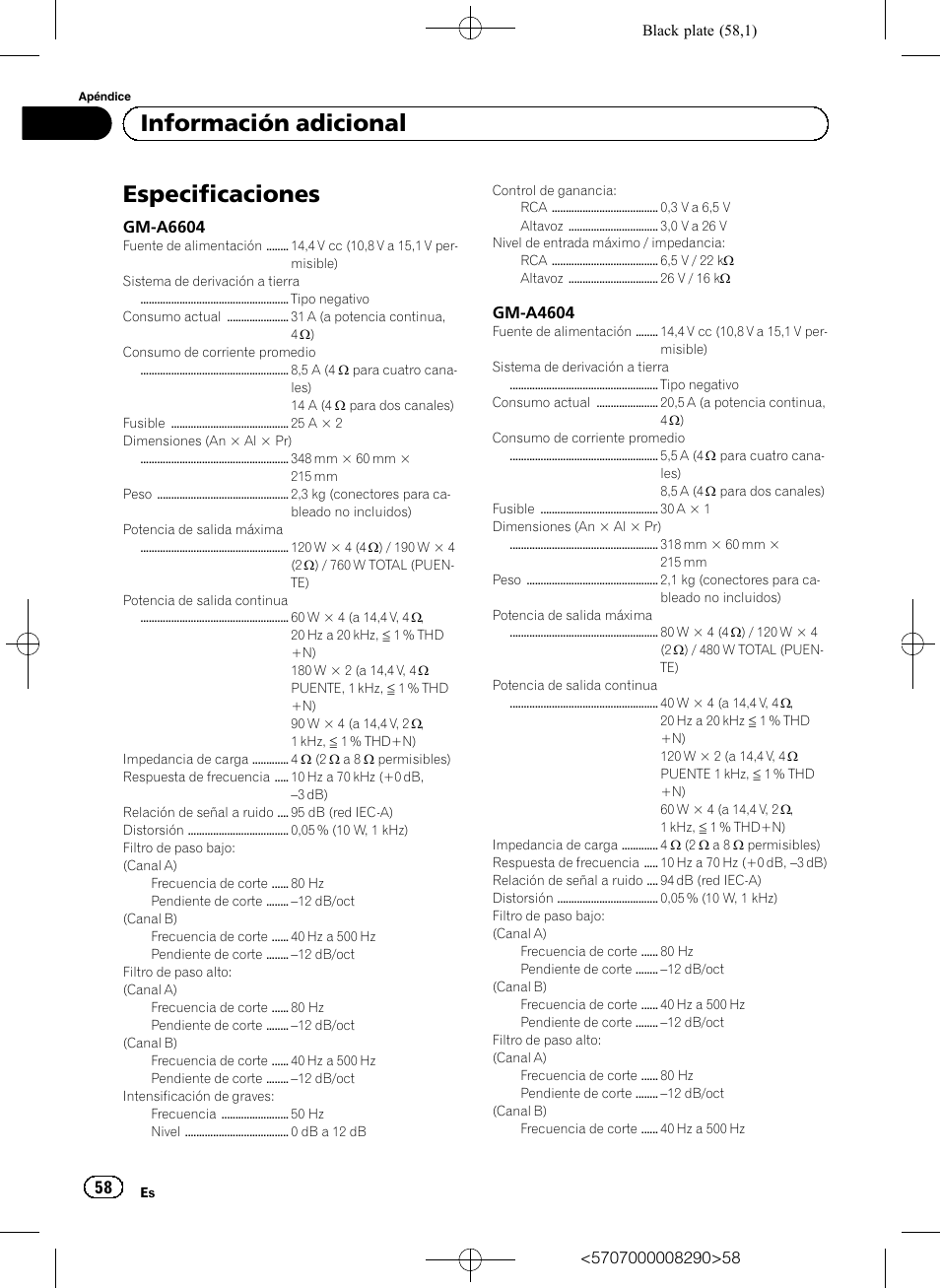 Especificaciones, Información adicional | Pioneer GM-A6604 User Manual | Page 58 / 108