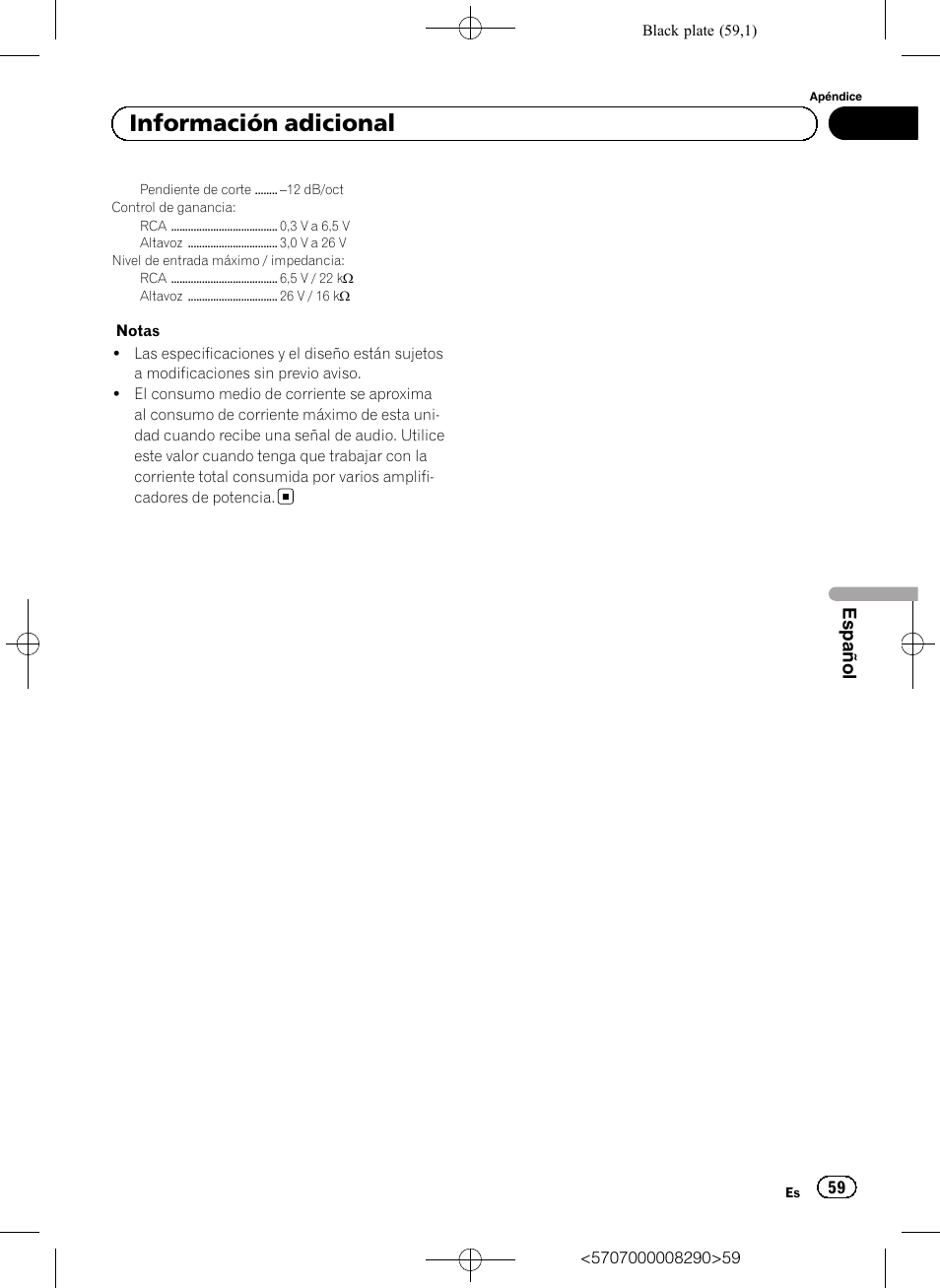Información adicional, Español | Pioneer GM-A6604 User Manual | Page 59 / 108