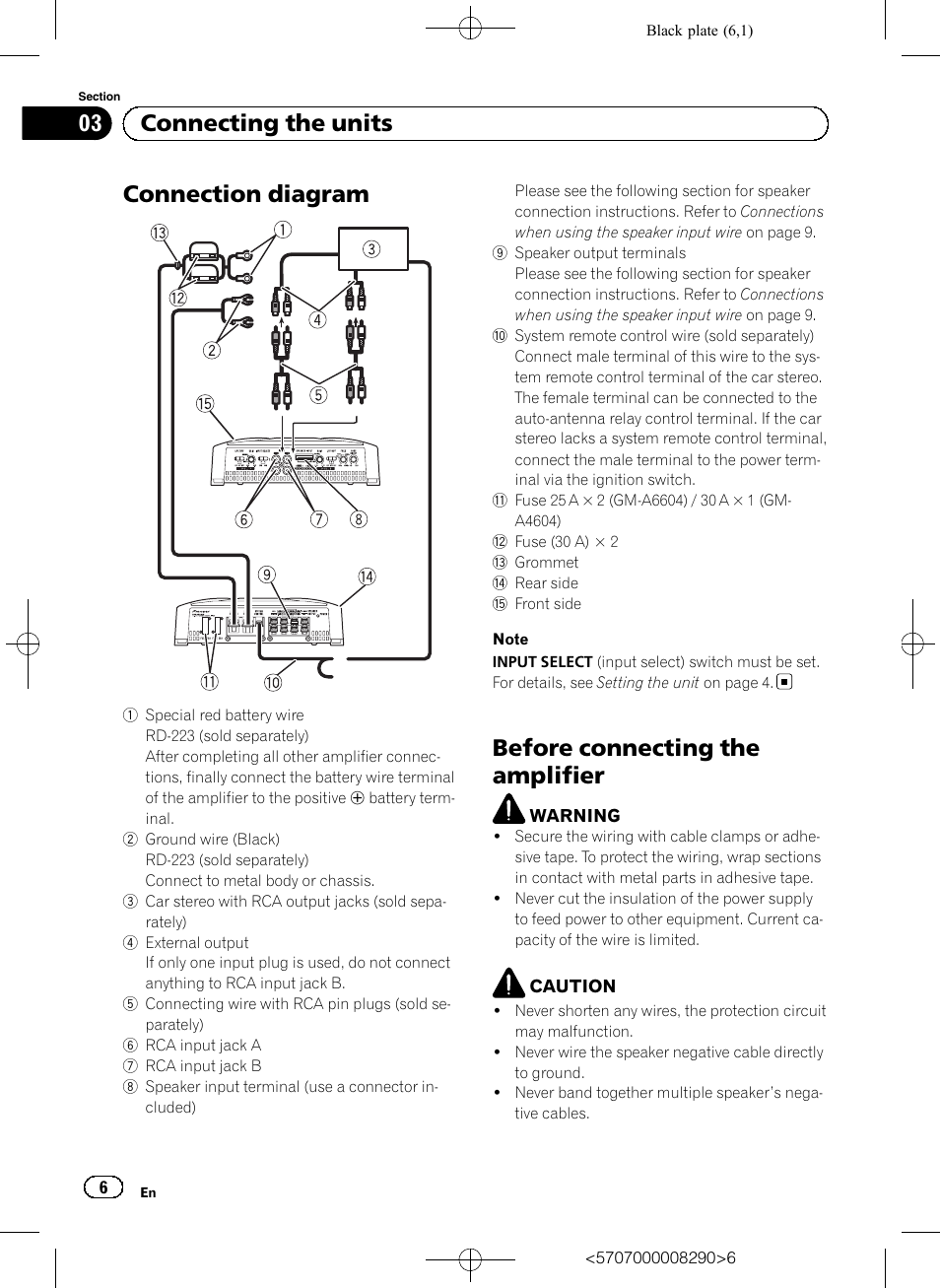 Connection diagram, Before connecting the amplifier, 03 connecting the units | Pioneer GM-A6604 User Manual | Page 6 / 108