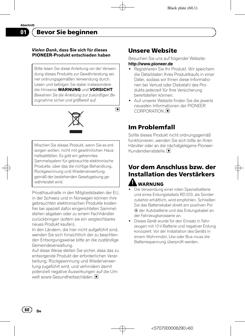 Bedienungsanleitung, Brückbarer 4-kanal-leistungsverstärker, Unsere website | Im problemfall, 01 bevor sie beginnen | Pioneer GM-A6604 User Manual | Page 60 / 108