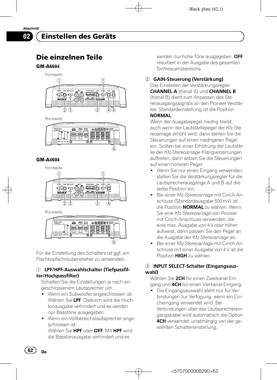 Die einzelnen teile, 02 einstellen des geräts | Pioneer GM-A6604 User Manual | Page 62 / 108