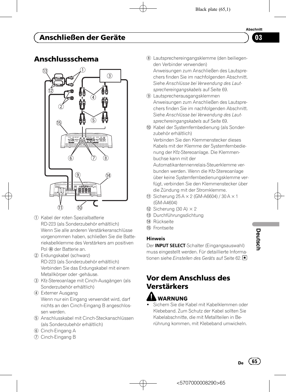Anschlussschema, Vor dem anschluss des verstärkers, 03 anschließen der geräte | Pioneer GM-A6604 User Manual | Page 65 / 108