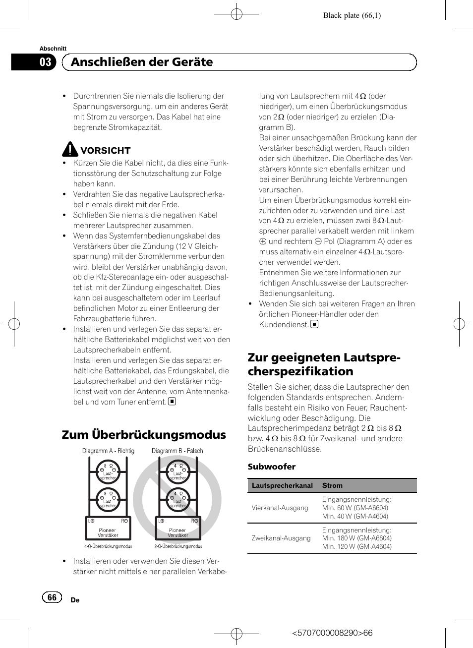 Zum überbrückungsmodus, Zur geeigneten lautspre- cherspezifikation, 03 anschließen der geräte | Pioneer GM-A6604 User Manual | Page 66 / 108