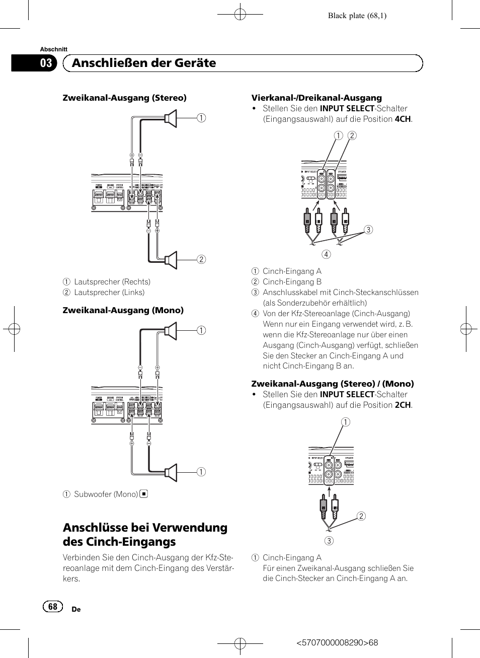 Anschlüsse bei verwendung des cinch-eingangs, 03 anschließen der geräte | Pioneer GM-A6604 User Manual | Page 68 / 108