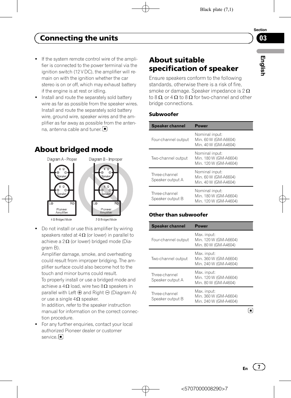 About bridged mode, About suitable specification of speaker, 03 connecting the units | Pioneer GM-A6604 User Manual | Page 7 / 108