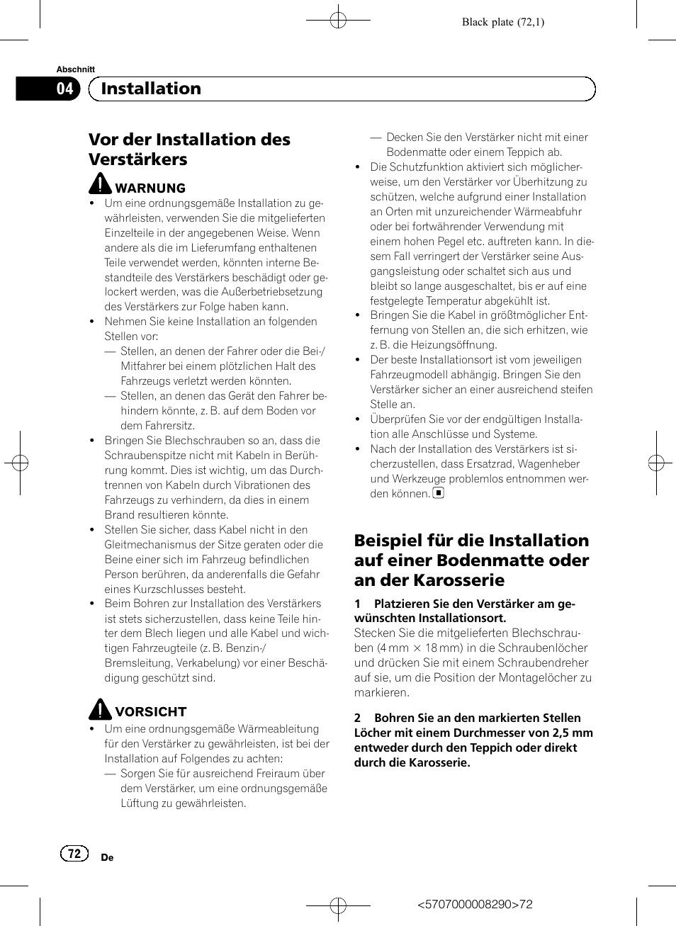 Vor der installation des verstärkers, 04 installation | Pioneer GM-A6604 User Manual | Page 72 / 108