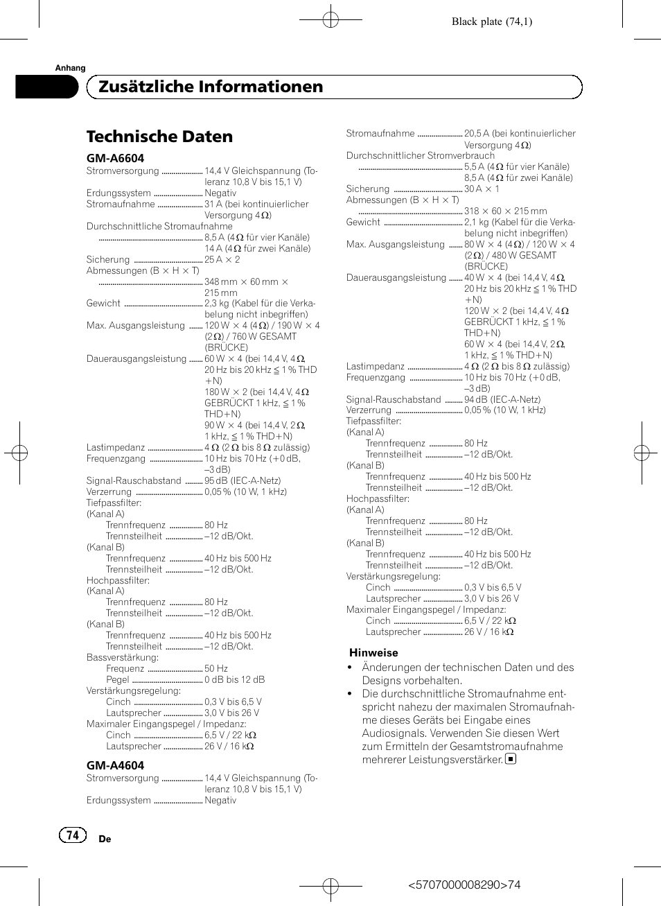 Technische daten, Zusätzliche informationen | Pioneer GM-A6604 User Manual | Page 74 / 108