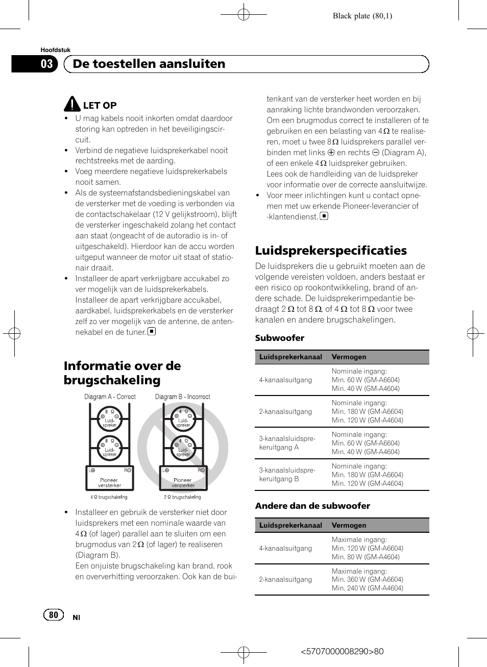 Informatie over de brugschakeling, Luidsprekerspecificaties, 03 de toestellen aansluiten | Pioneer GM-A6604 User Manual | Page 80 / 108