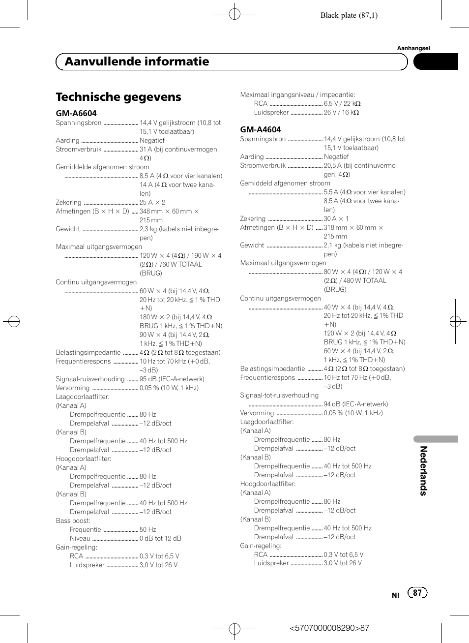 Technische gegevens, Aanvullende informatie, Nederlands | Pioneer GM-A6604 User Manual | Page 87 / 108
