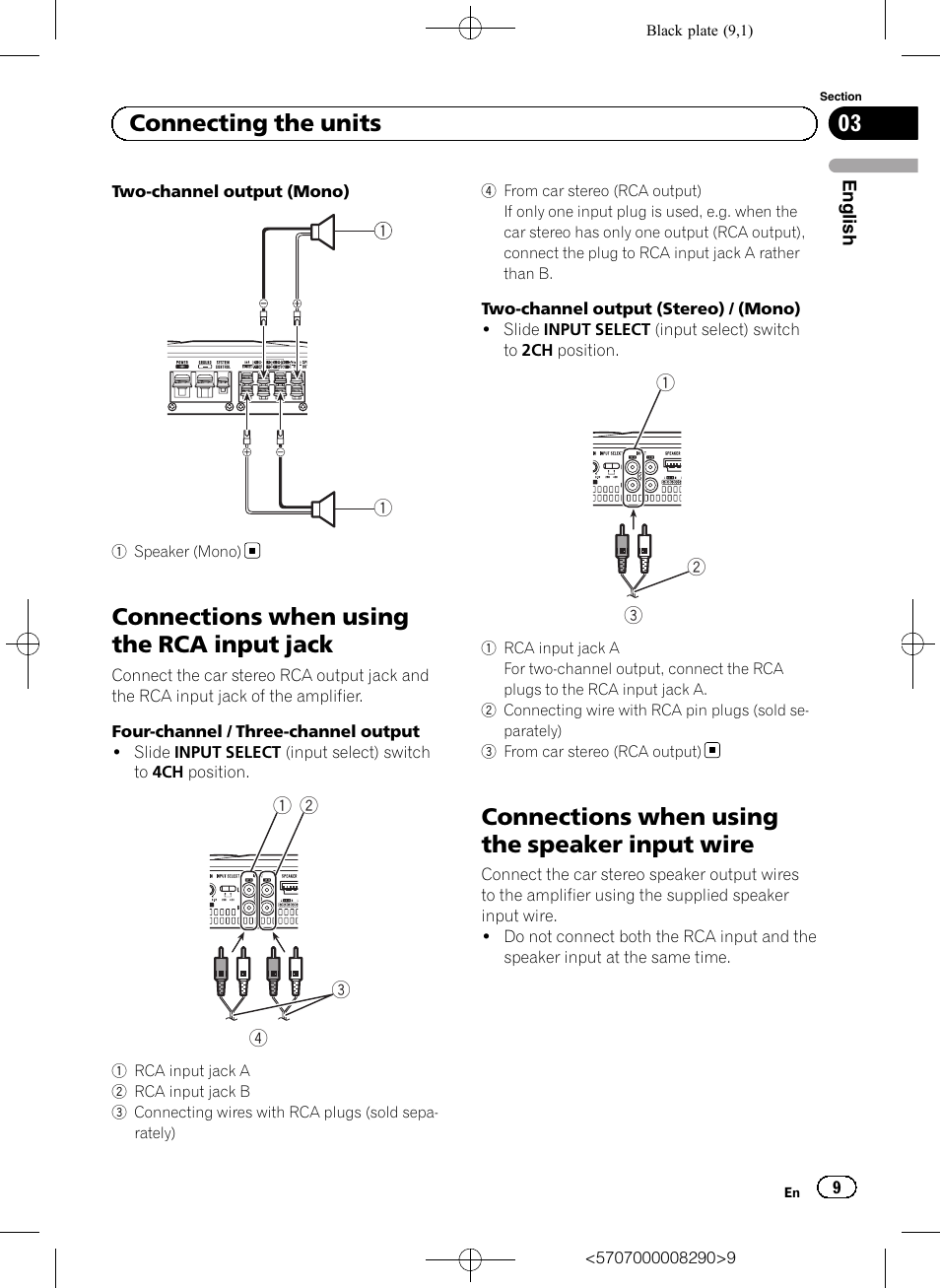 Connections when using the rca input jack, Connections when using the speaker input wire, 03 connecting the units | Pioneer GM-A6604 User Manual | Page 9 / 108