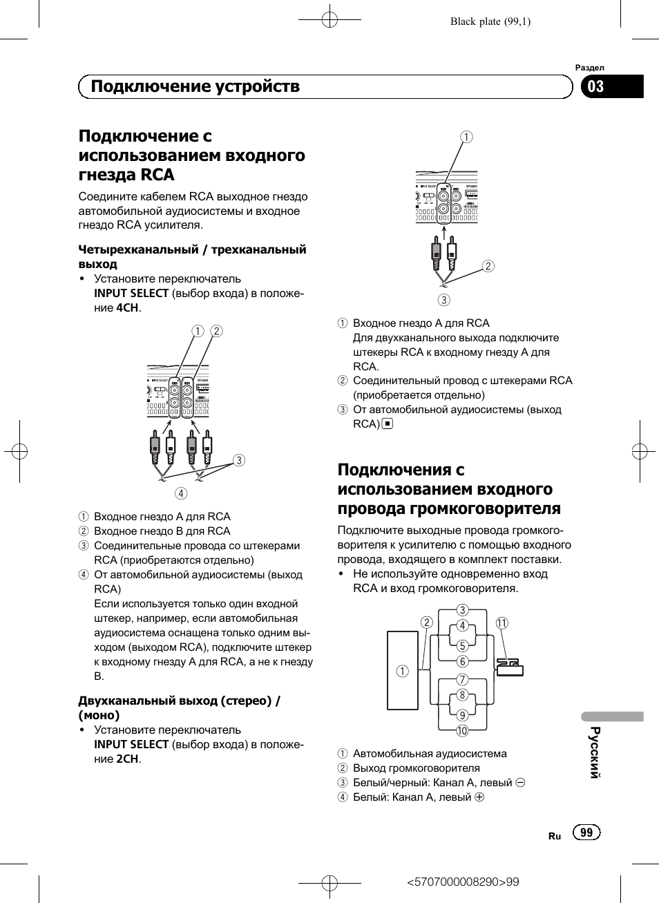 Подключения с использова, Нием входного провода громкоговорителя, Подключение с использованием входного гнезда rca | Подключение устройств | Pioneer GM-A6604 User Manual | Page 99 / 108