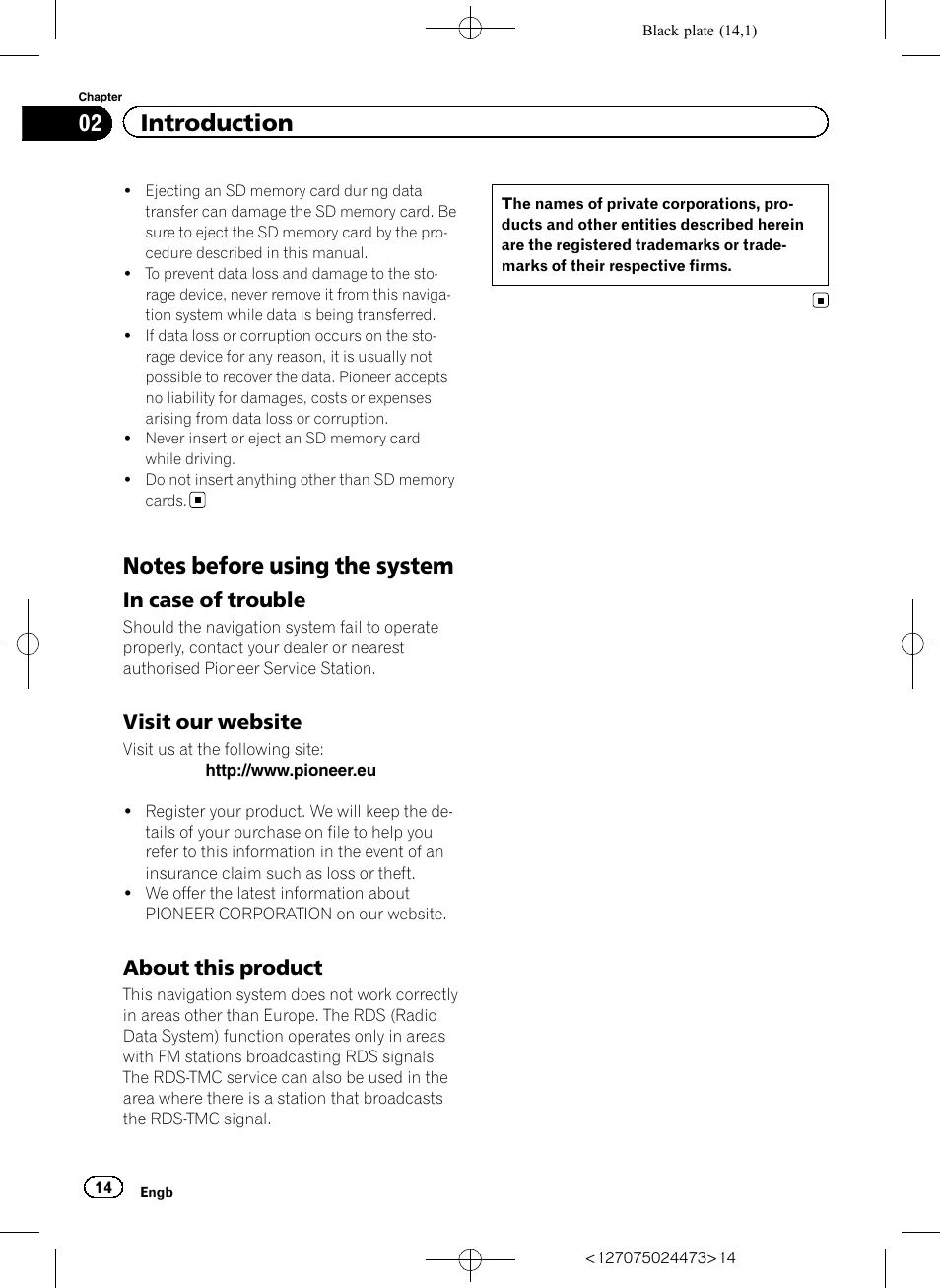 Notes before using the system, In case of trouble 14, Visit our website 14 | About this product 14, 02 introduction, Visit our website, About this product | Pioneer AVIC-F250 User Manual | Page 14 / 76