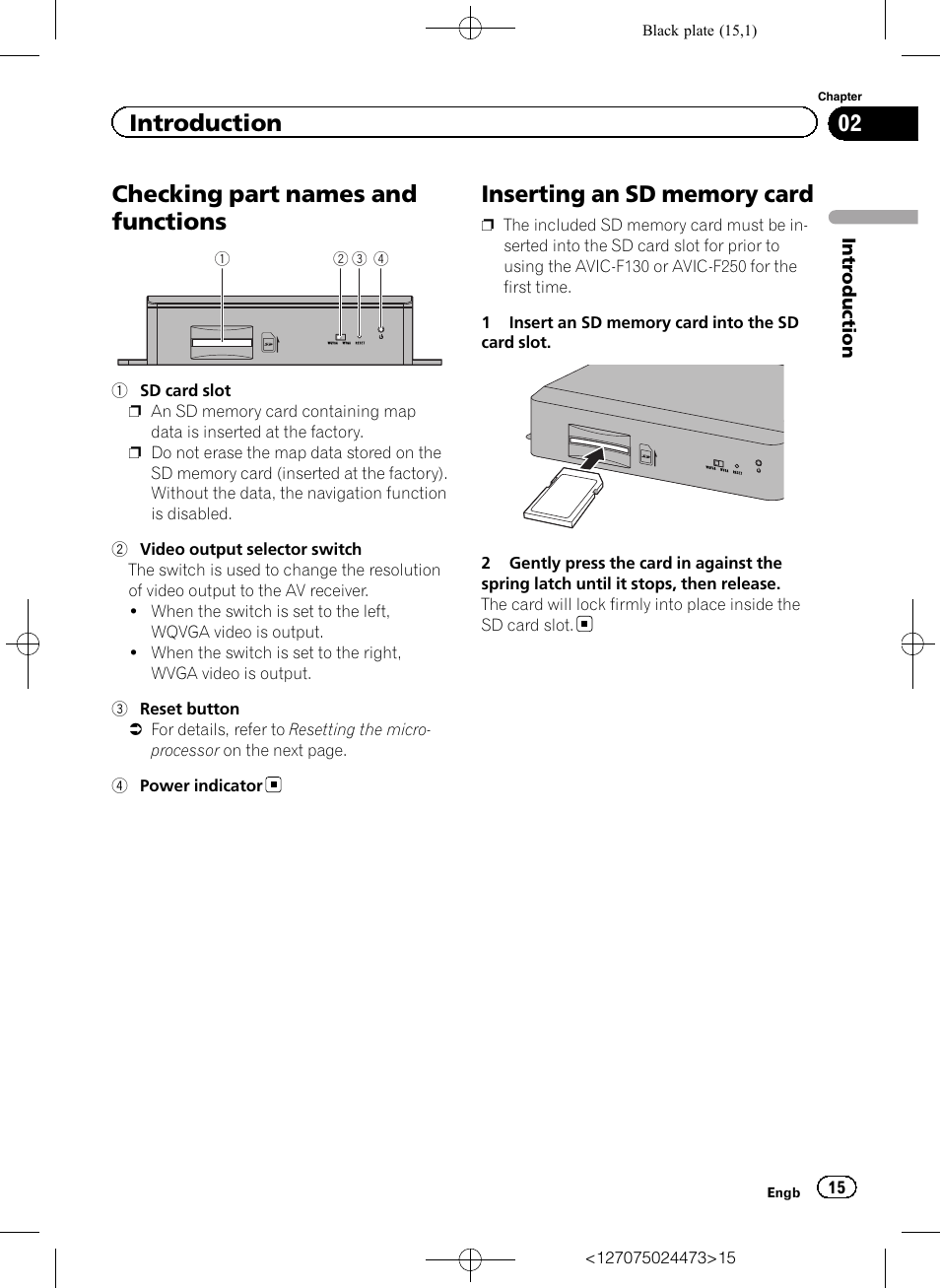 Checking part names and functions, Inserting an sd memory card, Introduction | Pioneer AVIC-F250 User Manual | Page 15 / 76