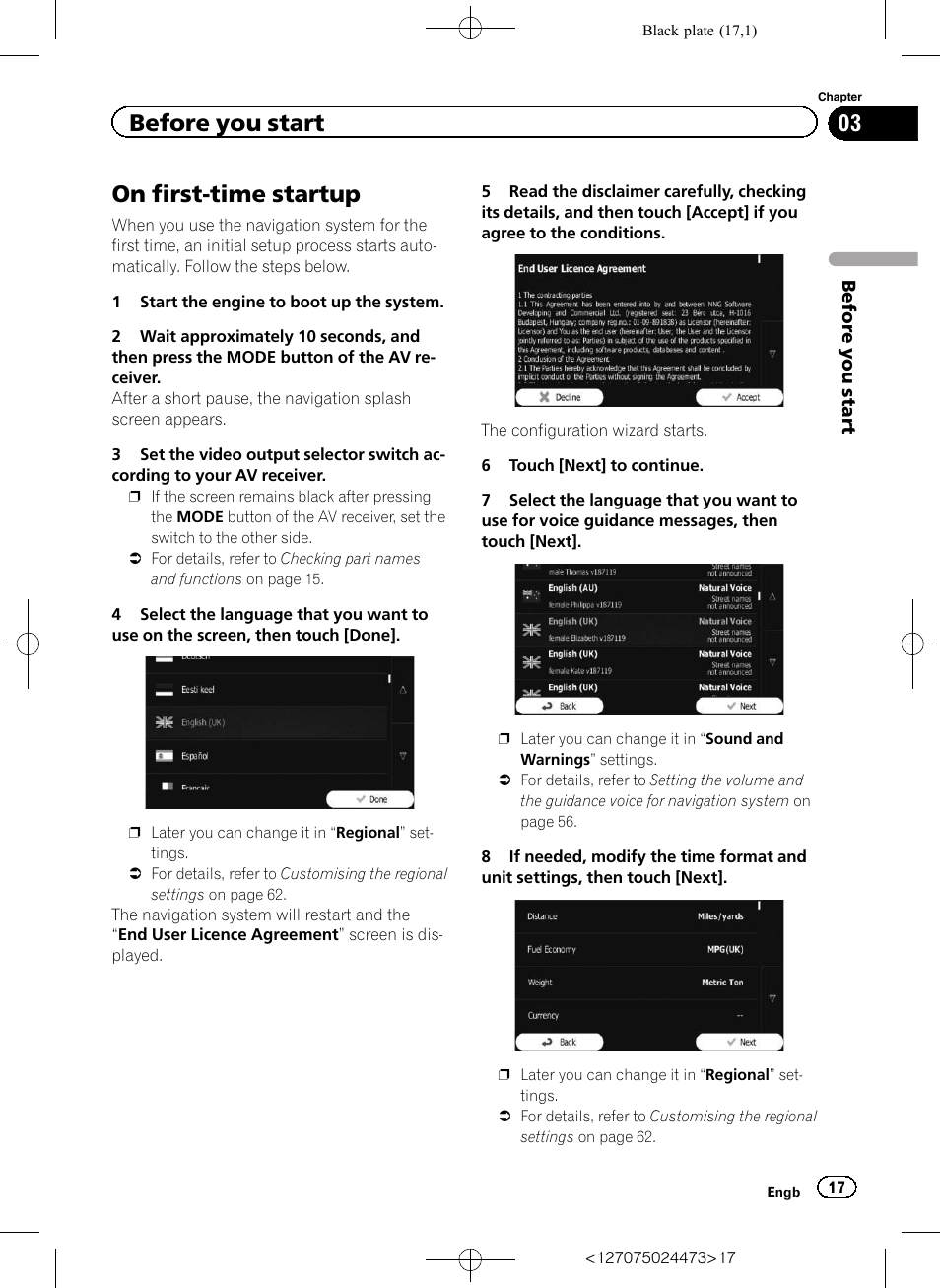 Before you start on first-time startup, On first-time startup, Before you start | Pioneer AVIC-F250 User Manual | Page 17 / 76