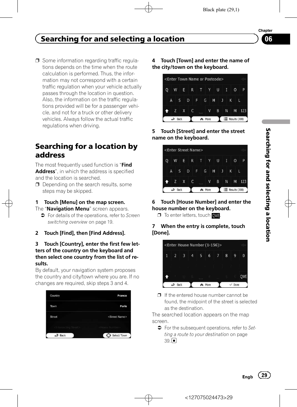 Searching for a location by address, Searching for and selecting a location | Pioneer AVIC-F250 User Manual | Page 29 / 76