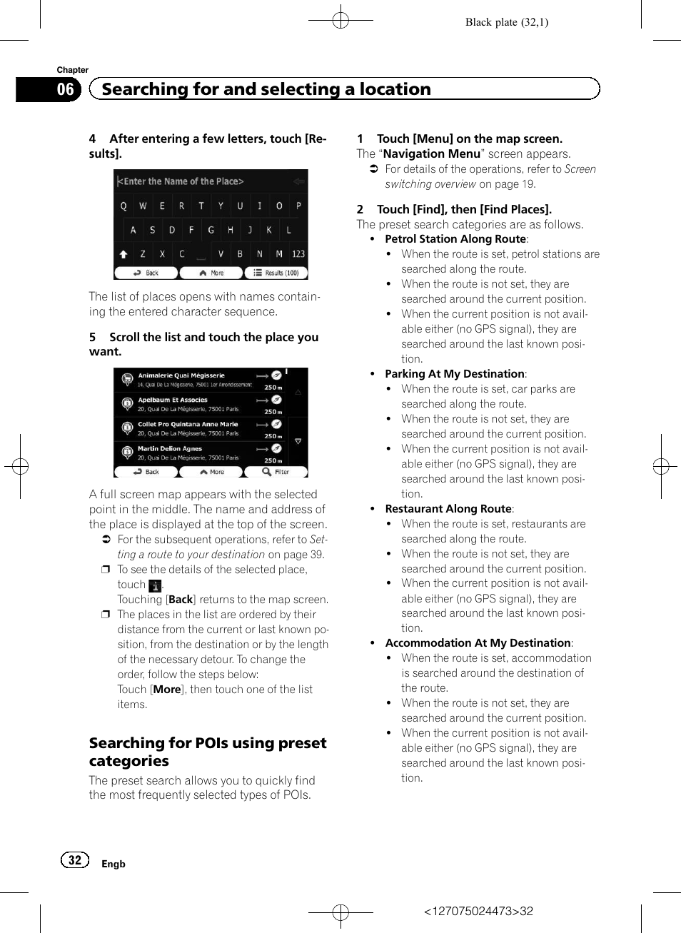 Searching for pois using preset, Categories, 06 searching for and selecting a location | Searching for pois using preset categories | Pioneer AVIC-F250 User Manual | Page 32 / 76