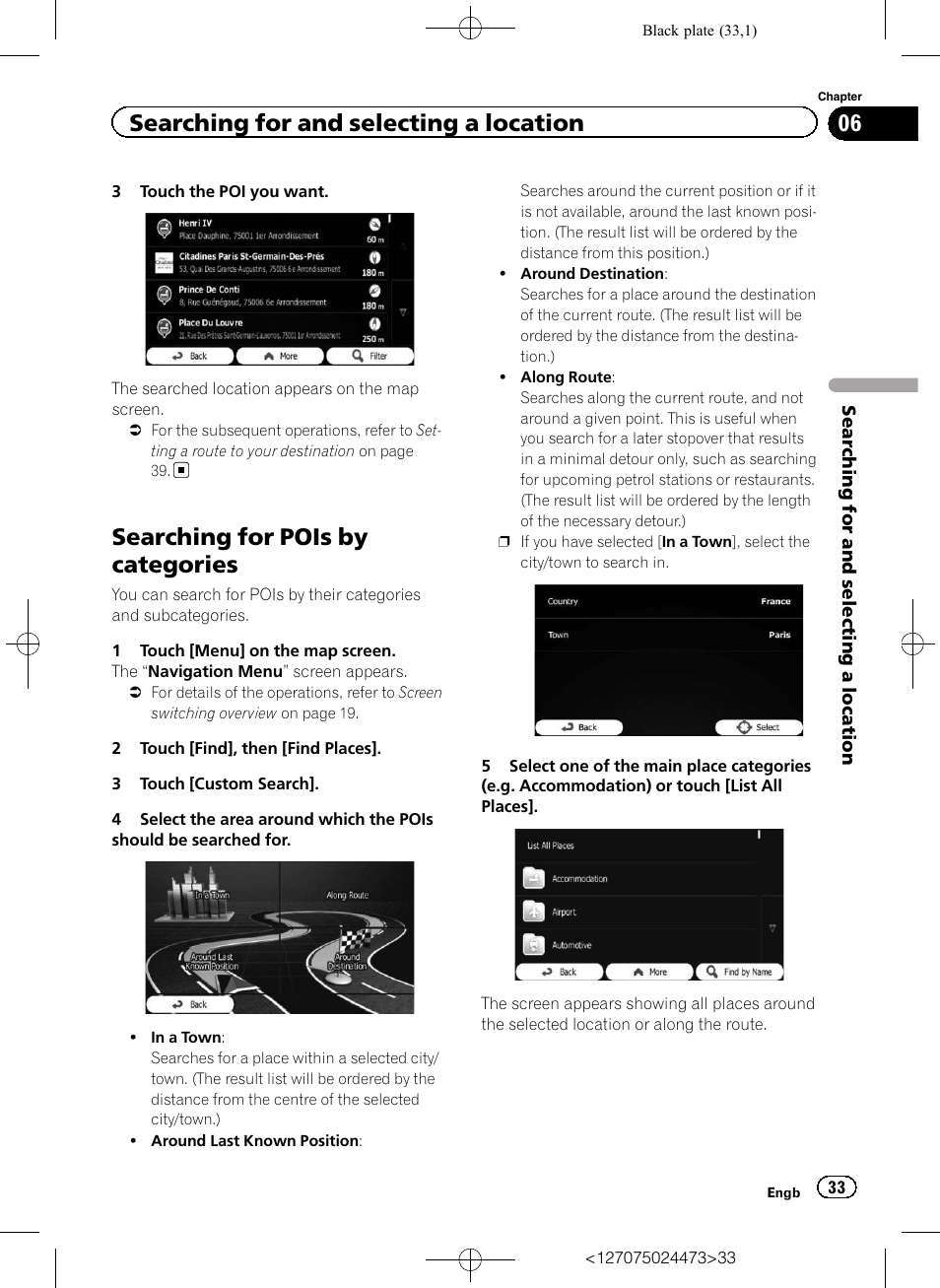 Searching for pois by categories, Searching for and selecting a location | Pioneer AVIC-F250 User Manual | Page 33 / 76
