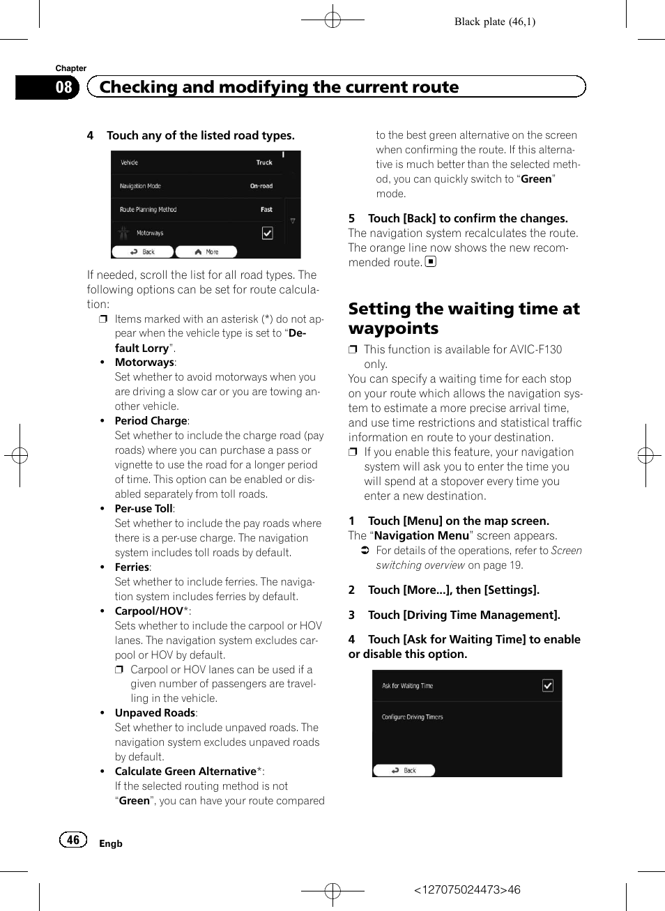 Setting the waiting time at waypoints, 08 checking and modifying the current route | Pioneer AVIC-F250 User Manual | Page 46 / 76