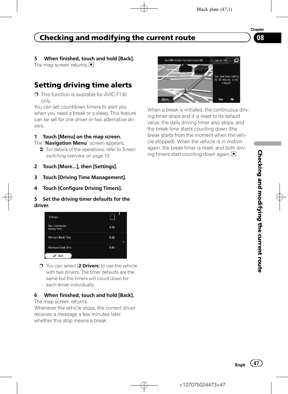 Setting driving time alerts, Checking and modifying the current route | Pioneer AVIC-F250 User Manual | Page 47 / 76