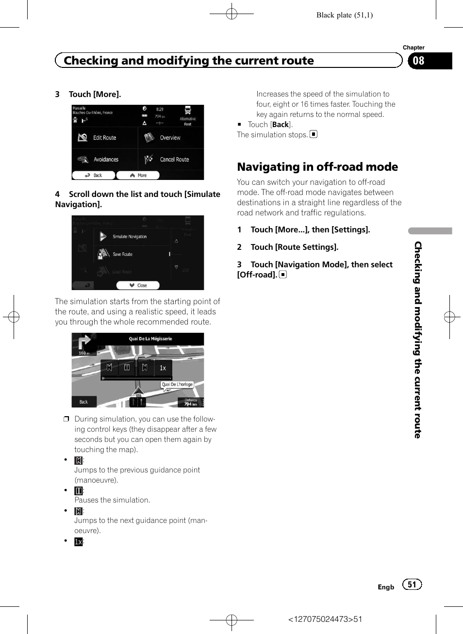 Navigating in off-road mode, Checking and modifying the current route | Pioneer AVIC-F250 User Manual | Page 51 / 76
