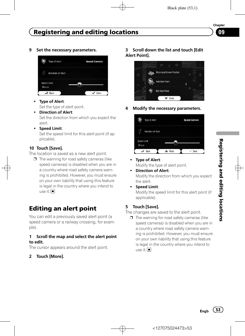 Editing an alert point, Registering and editing locations | Pioneer AVIC-F250 User Manual | Page 53 / 76