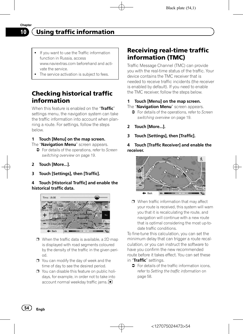 Receiving real-time traffic information, Tmc), Checking historical traffic information | Receiving real-time traffic information (tmc), 10 using traffic information | Pioneer AVIC-F250 User Manual | Page 54 / 76