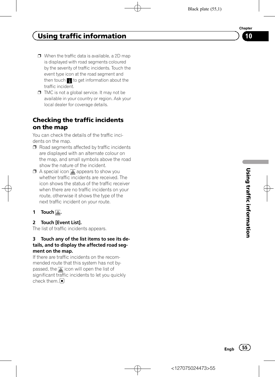 Checking the traffic incidents on the, Using traffic information, Checking the traffic incidents on the map | Pioneer AVIC-F250 User Manual | Page 55 / 76