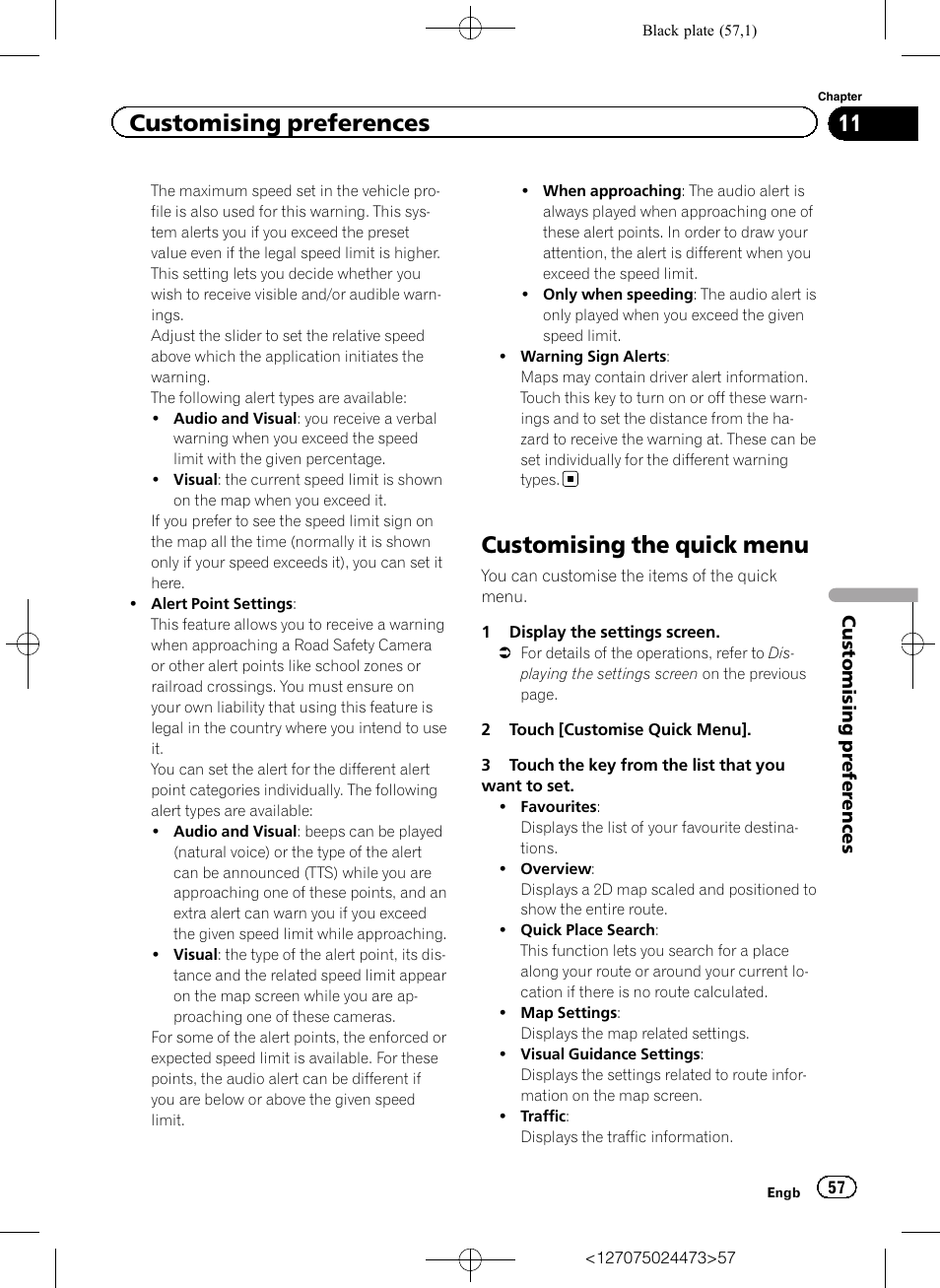 Customising the quick menu, Customising the quick, Customising preferences | Pioneer AVIC-F250 User Manual | Page 57 / 76