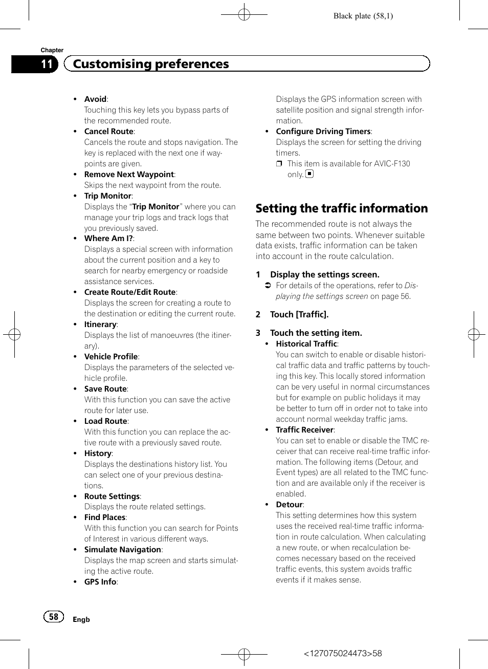 Setting the traffic information, 11 customising preferences | Pioneer AVIC-F250 User Manual | Page 58 / 76