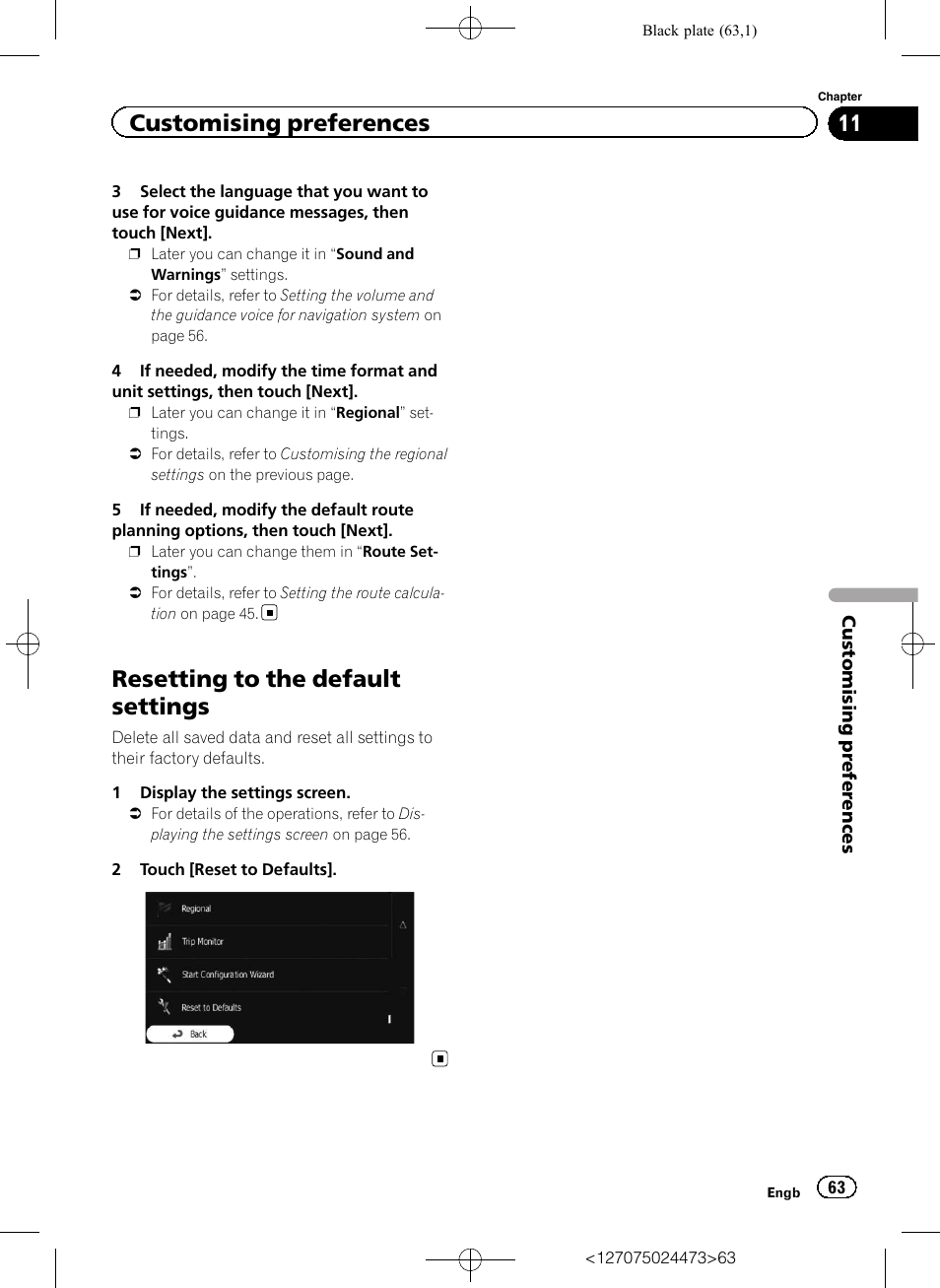 Resetting to the default settings, Customising preferences | Pioneer AVIC-F250 User Manual | Page 63 / 76