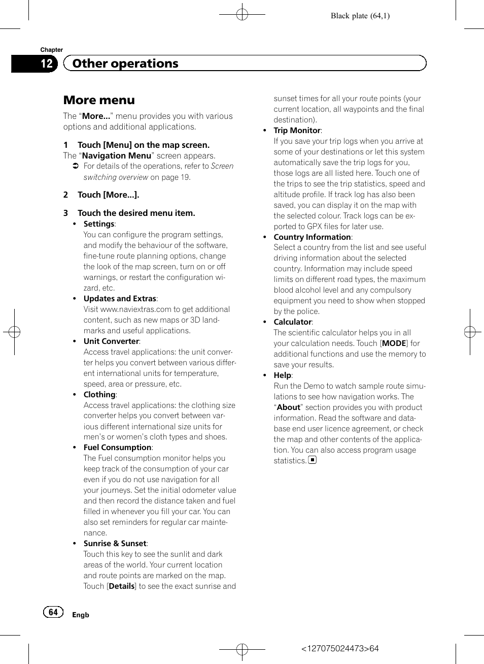 Other operations more menu, More menu, 12 other operations | Pioneer AVIC-F250 User Manual | Page 64 / 76