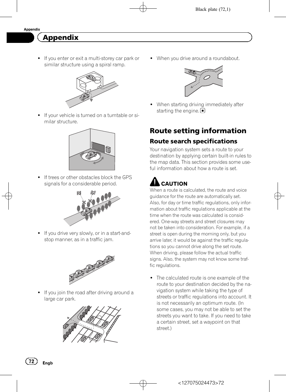 Route setting information, Route search specifications 72, Appendix | Route search specifications | Pioneer AVIC-F250 User Manual | Page 72 / 76
