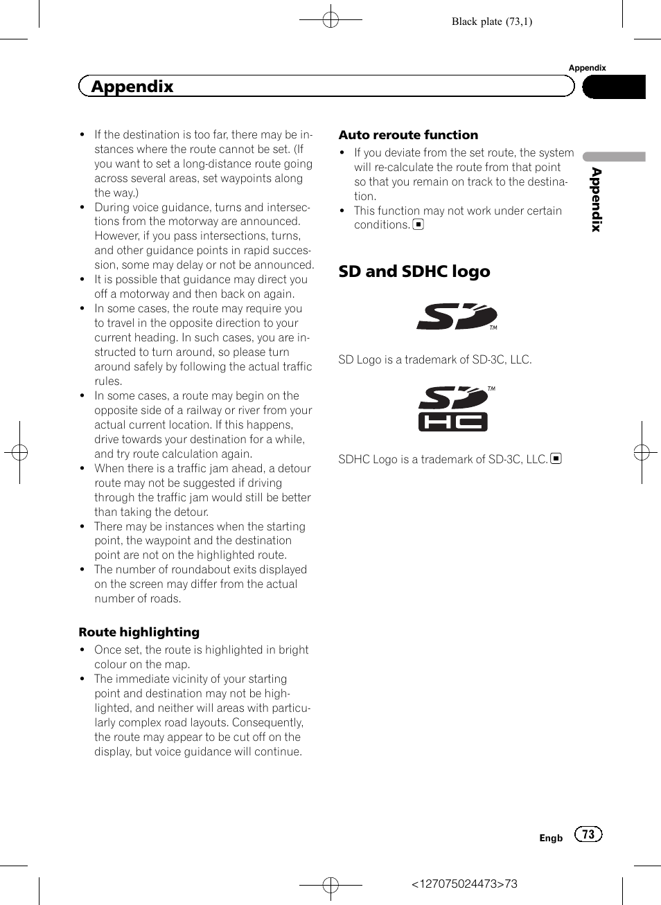 Sd and sdhc logo, Appendix | Pioneer AVIC-F250 User Manual | Page 73 / 76