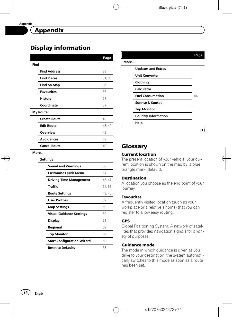 Display information, Glossary, Appendix | Pioneer AVIC-F250 User Manual | Page 74 / 76