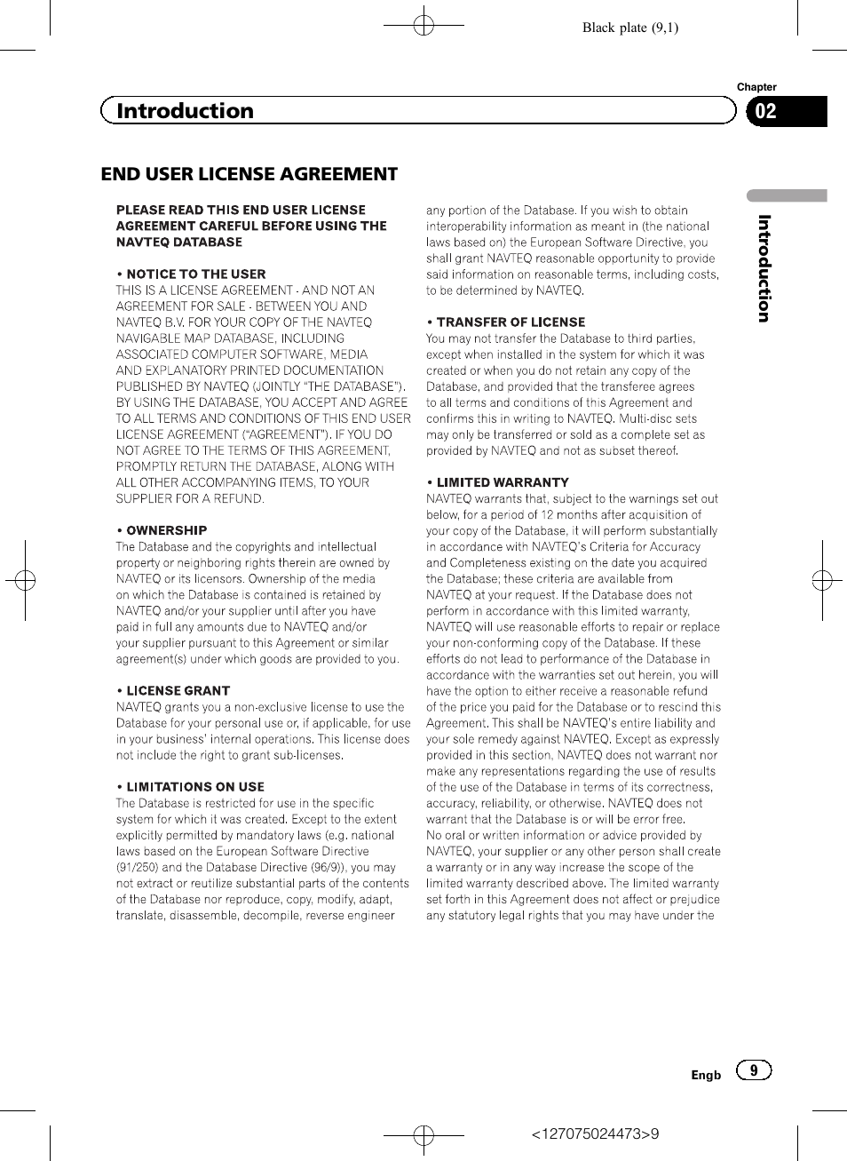 End user license agreement 9, Introduction | Pioneer AVIC-F250 User Manual | Page 9 / 76