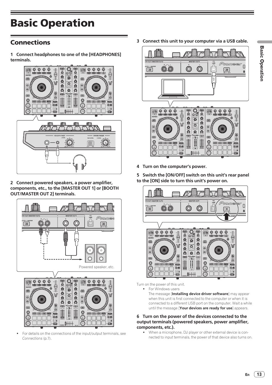 Basic operation, Connections | Pioneer DDJ-SR User Manual | Page 13 / 34