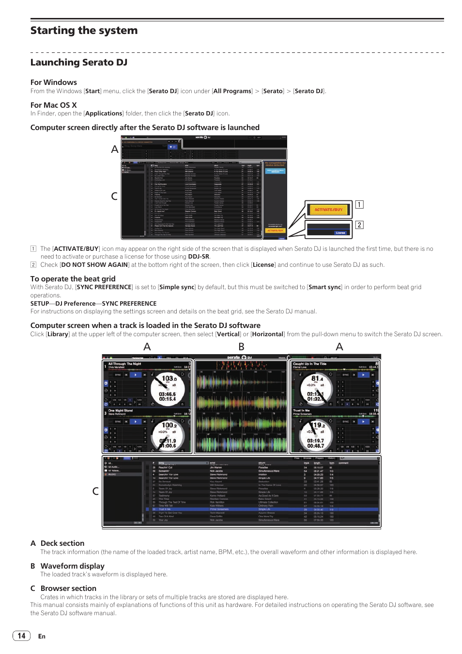 Starting the system, Ac b, Launching serato dj | Pioneer DDJ-SR User Manual | Page 14 / 34